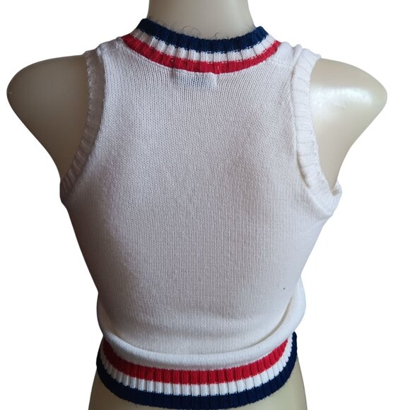 XS Vintage White Cable Knit Sleeveless Sweater Vest Japan Striped V-Neck Trim - Picture 6 of 6